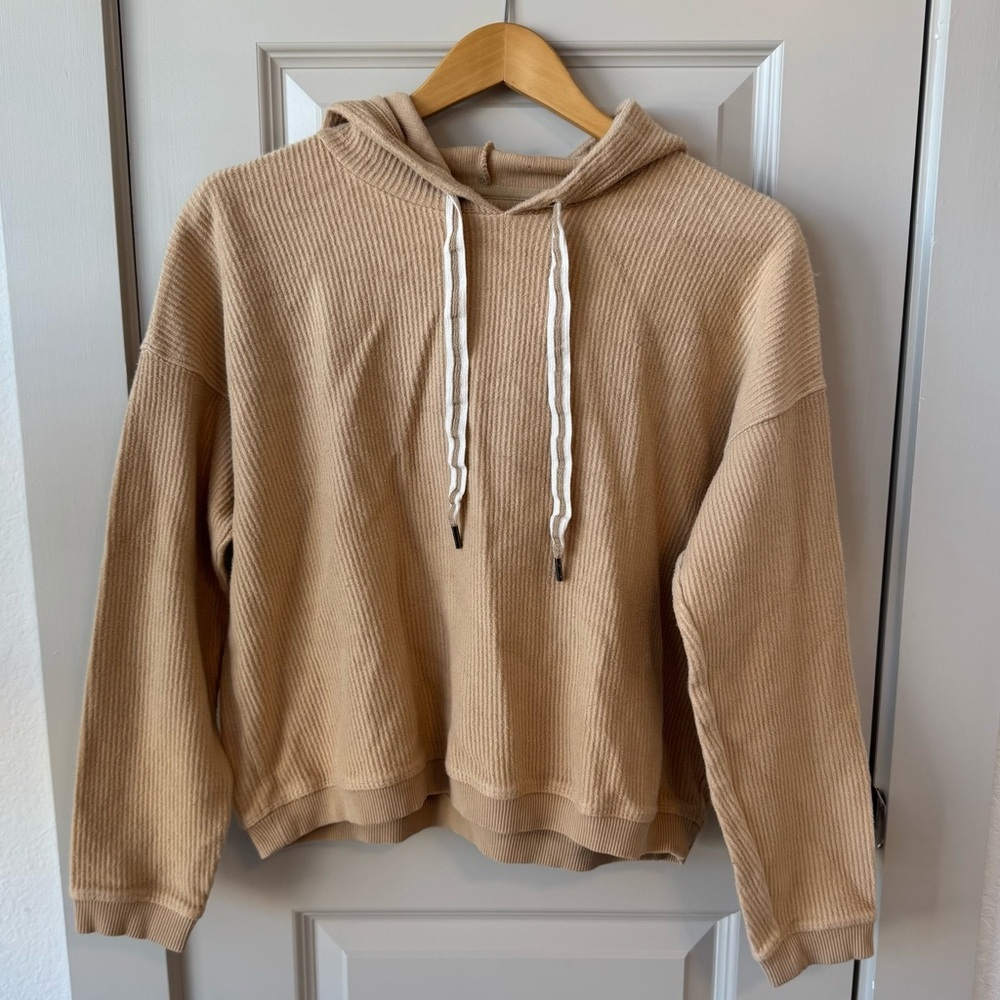 Aerie Oversized Ribbed Crop Drawstring Sweatshirt Hoodie in Camel Size Medium - Picture 2 of 5